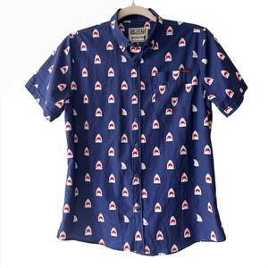 RSVLTS Kids XL Shark Print Kunuflex Short Sleeve Button Down Shirt Navy Blue